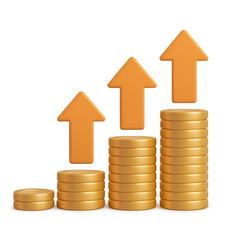 Financial Ascent: Visual representation of financial growth and progress, gold coin stacks ascend with arrows.