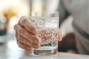 Old Man Holding Glass of Sparkling Water