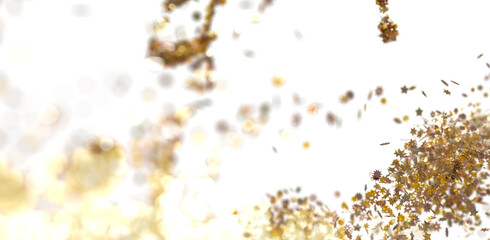 Falling gold star confetti on white background. Festive, celebratory, luxurious.