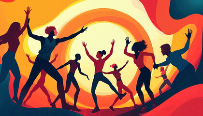 Dancing crowd silhouettes under bright concert lights