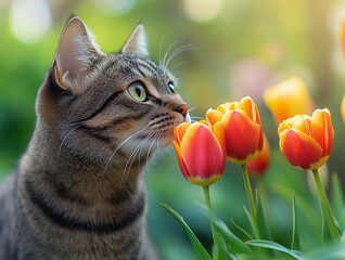 Curious cat sniffing vibrant red and yellow tulip in spring garden, close-up scene with soft natural lighting, green grass background and shallow depth of field highlighting floral detail