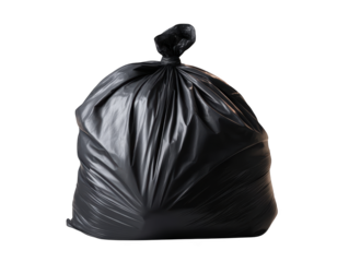 Top view of a black garbage bag captured in focus against a clean background highlighting its texture and form Transparent background PNG