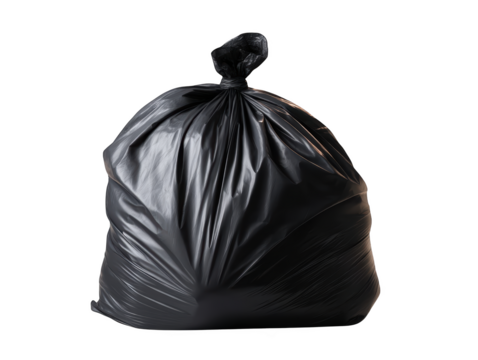 Top view of a black garbage bag captured in focus against a clean background highlighting its texture and form Transparent background PNG