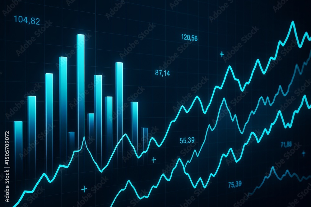 Poster Abstract glowing blue financial graph with bar and line charts on dark business background representing market analysis and data trends concept.