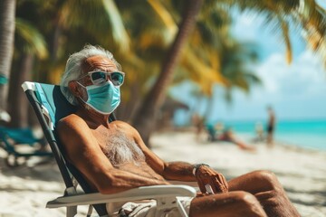 Senior man in medical mask relaxing on beach