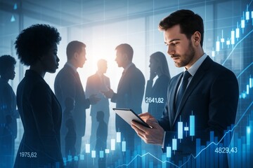 Business professionals analyzing financial data in abstract light background with futuristic stock chart overlay and teamwork concept..