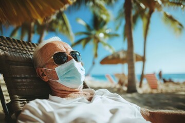 Senior man in medical mask relaxing on beach