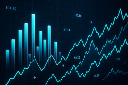 Abstract glowing blue financial graph with bar and line charts on dark business background representing market analysis and data trends concept.