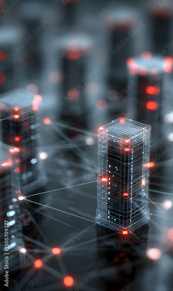 Poster digital network connectivity visualizing data flow through interconnected server racks in a futurist