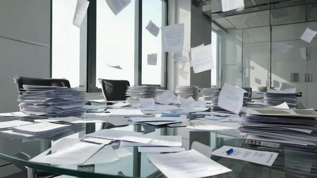 Messy office with papers scattered on a glass table and flying in the air.