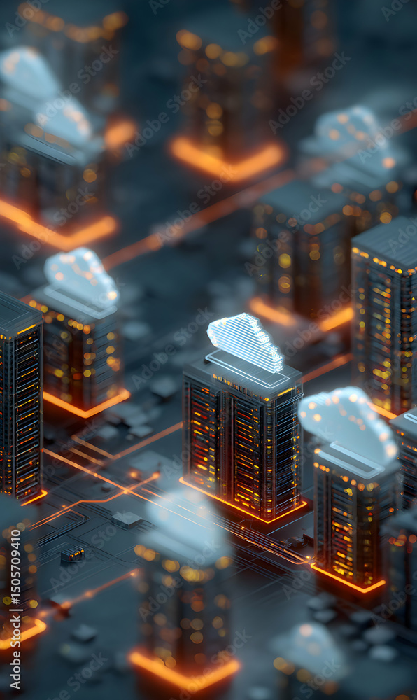 Poster digital cityscape showcasing cloud computing technology with glowing networks and data transfer arch