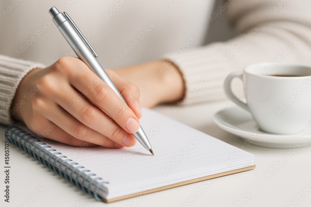 Poster close-up of a hand writing with a silver pen in a spiral notebook beside a white coffee cup on a cle