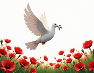 Fototapeta premium 3D Render of White Dove with Olive Branch Flying Over Red Poppies