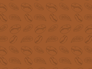 Seamless vector pattern featuring hand-drawn coffee beans and leaves in a simple brown line art style on a brown background. Perfect for cafe branding, packaging, textile, and wallpaper designs.