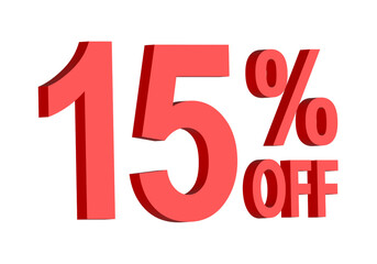15 percent off discount text graphic in bold red 3D letters, for promotional sale banner icon, coupons, and special offers, marketing design element, boosting savings and shopping deals	