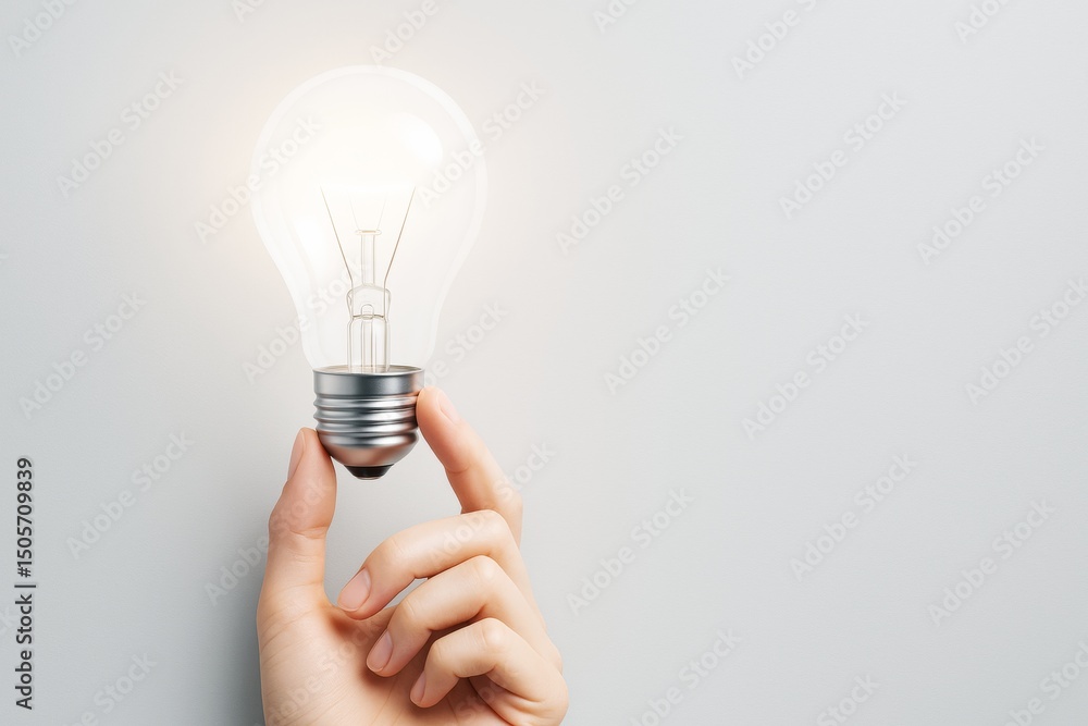 Poster Hand holding glowing light bulb on plain background symbolizing creativity and innovation for business and abstract concepts. Ai generative.