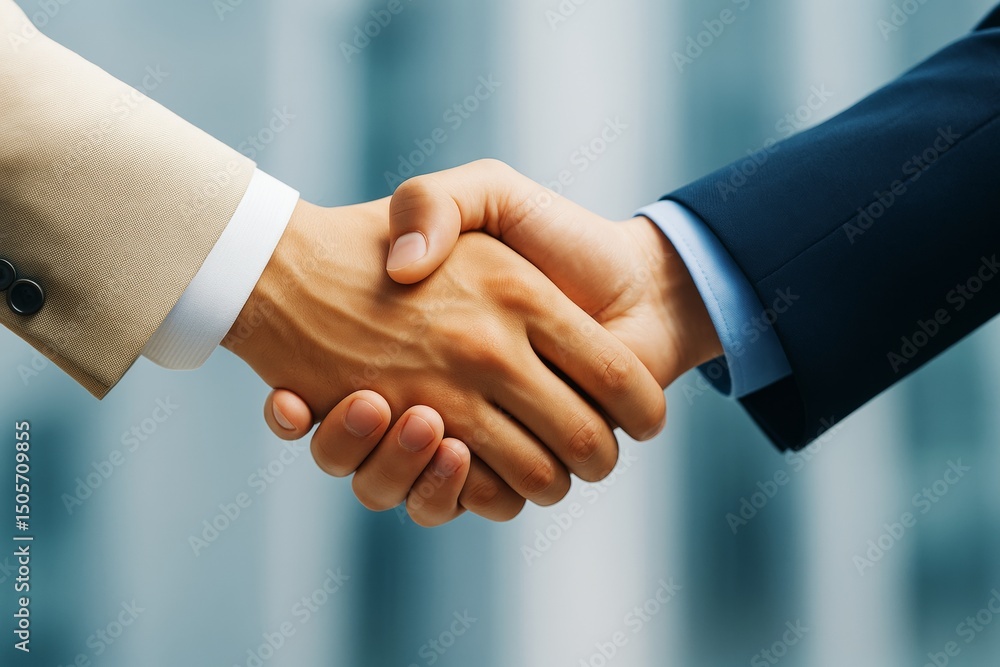 Aufkleber close-up of business handshake between two professionals in suits, symbolizing successful partnershi