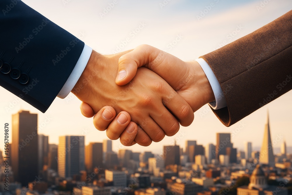 Poster close-up handshake between two businessmen in formal suits with a city skyline in the background dur