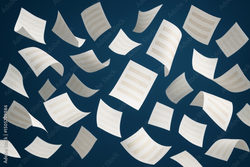 Poster flying sheets of paper with printed lines floating mid-air on a dark blue background in a creative b