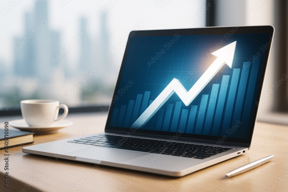 Poster laptop displaying rising bar chart and arrow with coffee cup on desk in office with city background,