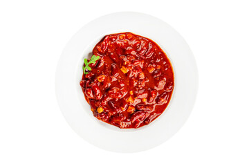 Chile con carne plate beans, tomato, corn, meat fresh delicious gourmet food background on the table rustic food top view copy space