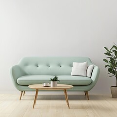 Light teal sofa, light wood coffee table, minimalist living room