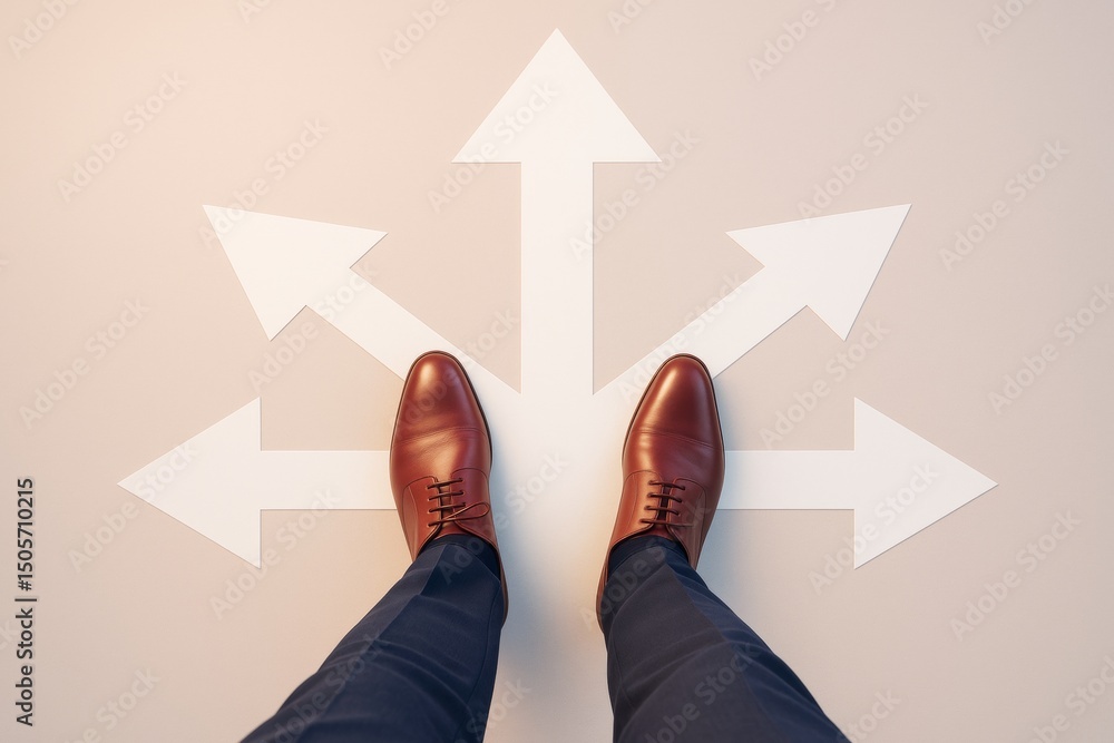 Poster businessman standing at intersection of arrows symbolizing decision-making on light abstract backgro