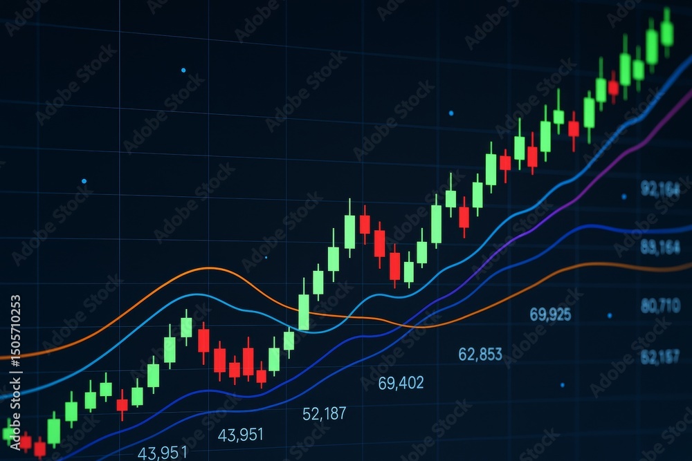 Poster financial candlestick chart with colorful trend lines and data points on dark background, representi