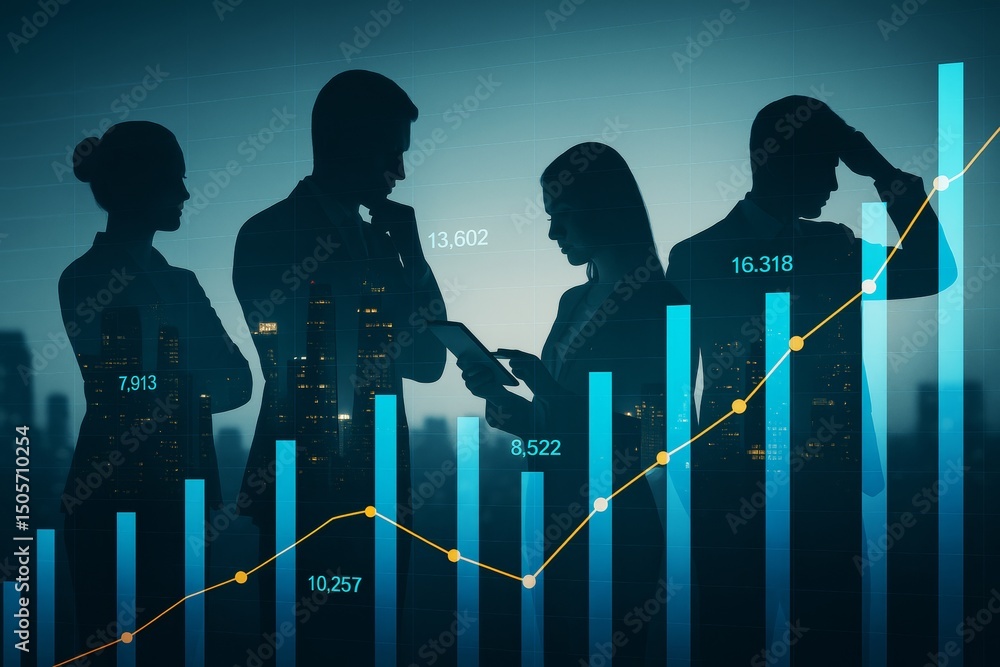 Aufkleber business professionals analyzing financial data with abstract light background and bar chart overlay