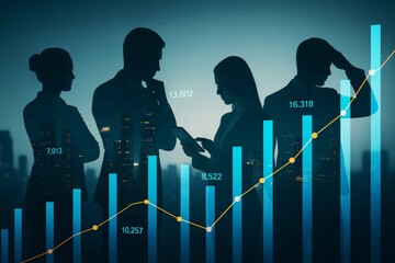 Business professionals analyzing financial data with abstract light background and bar chart overlay concept of corporate growth and strategy.