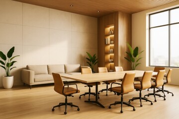 Modern business meeting room interior with natural light, wooden accents, and creative minimalist background furniture arrangement.