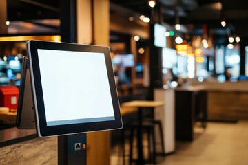 Blank self-service food kiosk screen in fast food setting