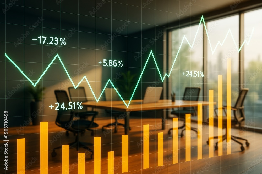 Poster abstract financial graph with fluctuating stock percentages over modern office business background i