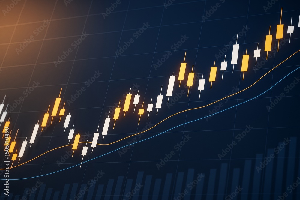 Poster financial candlestick chart with upward trend and moving average lines on dark background illustrati