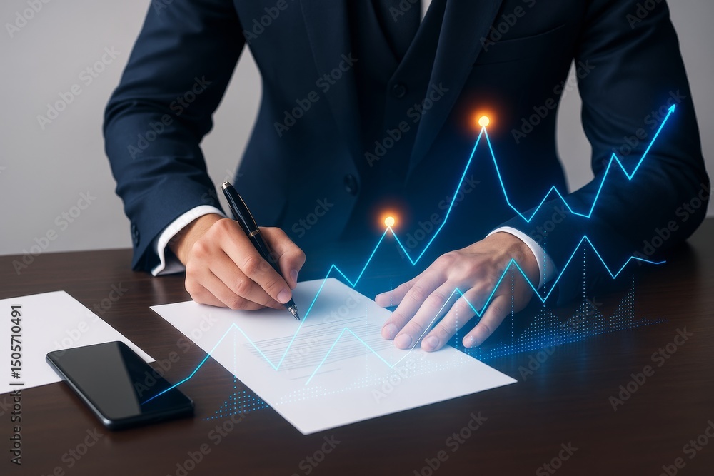 Poster businessman signing documents with glowing financial chart overlay on dark background, symbolizing c