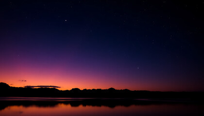 Starry Night Reflection: Lake Silhouette Against Deep Purple and Orange Cosmic Sky.