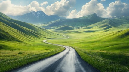 Naklejka premium A stunning highland road surrounded by endless green meadows, background wallpaper AI generated image