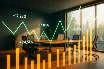 Abstract financial graph with fluctuating stock percentages over modern office business background in warm light ambiance. Ai generative.