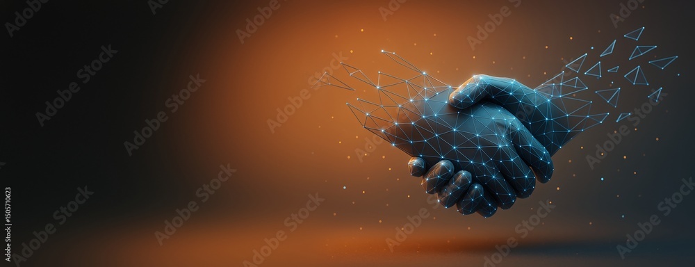 Aufkleber Digital handshake composed of geometric lines and nodes on dark gradient background with orange light, representing futuristic business connection concept.