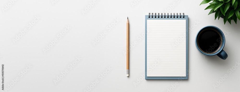 Poster clean workspace mockup with notebook, pencil, coffee cup, and plant on bright background for busines