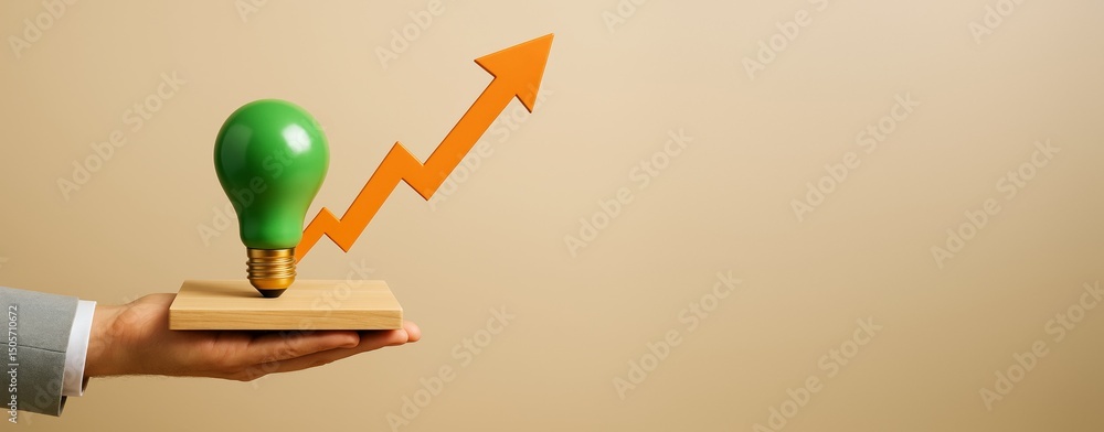 Poster green lightbulb and upward arrow on wooden base held by hand, symbolizing growth and innovation on b