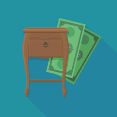 Old bedside table with a wad of dollars on a blue background with a long shadow (flat design)