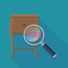 Old bedside table with a magnifying glass positioned on it with the wording "FAKE" on a blue background with a long shadow in a flat design style