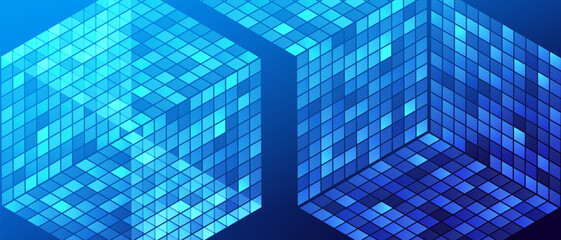 Ai blocks blue web banner. Isometric geometric technology background. Future neon particles cube vector. Futuristic intelligence high technological design banner.