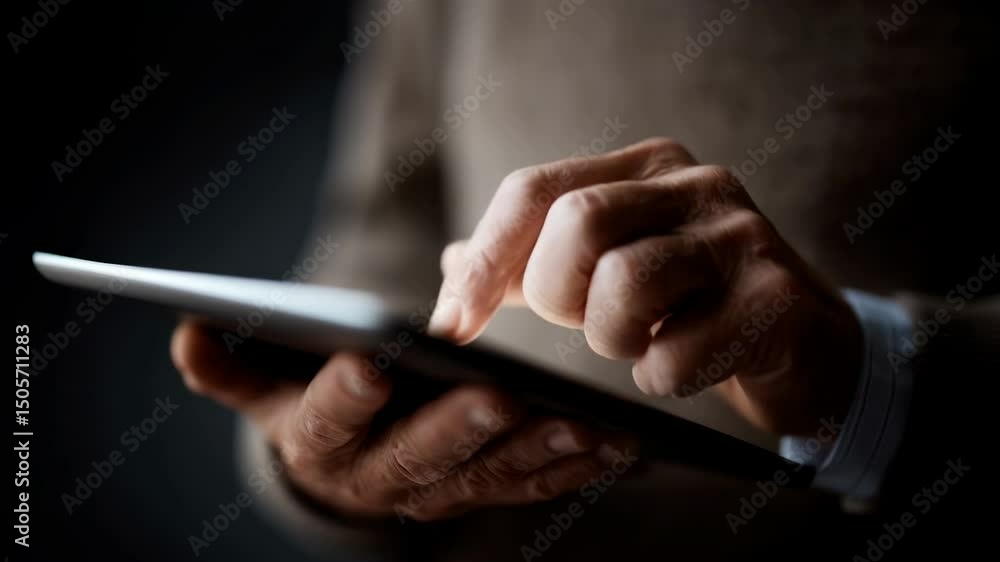 Poster close-up of hands using a tablet in a dimly lit room showcasing engaging technology interaction