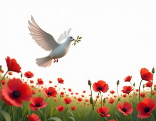 Fototapeta premium White Dove of Peace Flying Over Red Poppies Field
