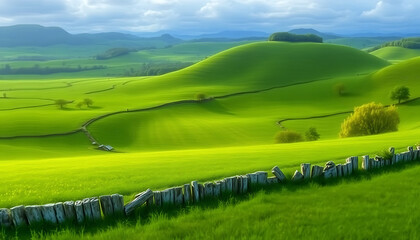 Obraz premium Rolling Green Hills: A Tranquil Landscape of Peace and Natural Beauty.