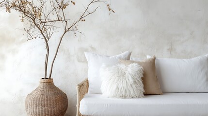 White Couch, Wicker Vase with Dried Branches, Neutral Toned Pillows, Textured Wall