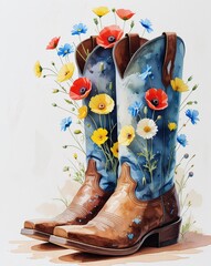 Watercolor Painting of Leather Cowboy Boots Filled with Poppies and Daisies
