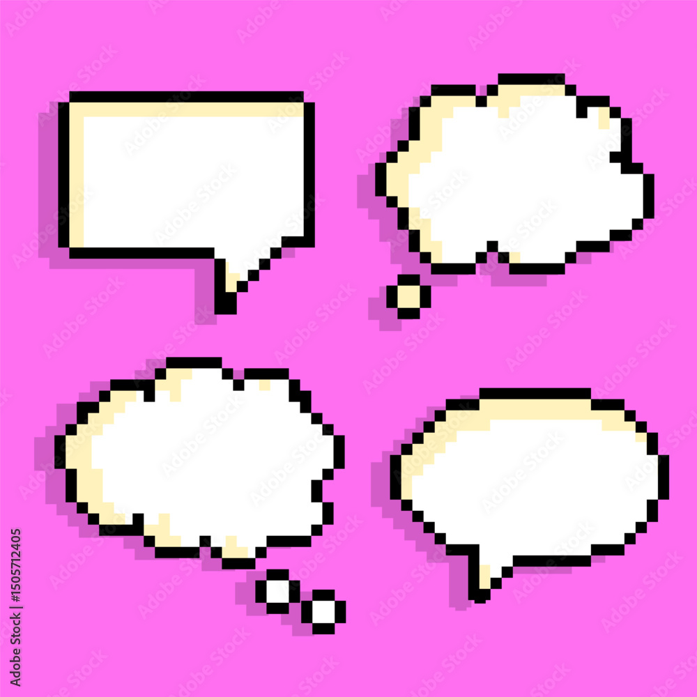 Aufkleber retro pixel dialogue and thought balloons vector pack. set of pixel art speech bubbles in retro styl